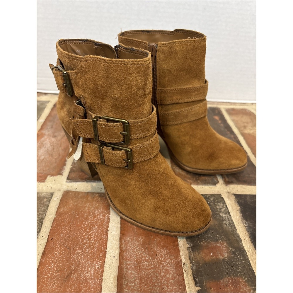 Gianni Bini Booties Size 6.5 Brown Suede Leather Buckle Zipper Ankle Boots